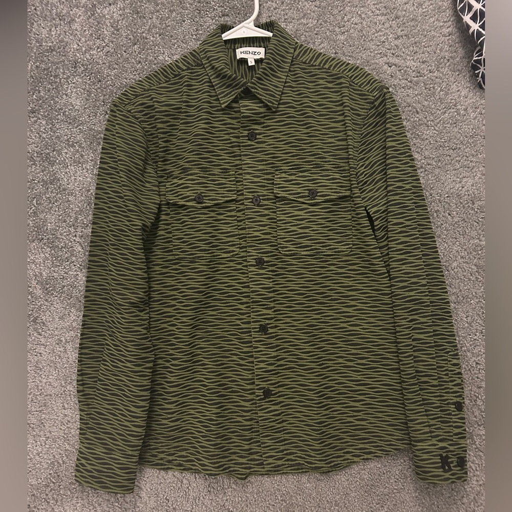 Kenzo Olive Green Wave-Pattern Lightweight Shirt Jacket